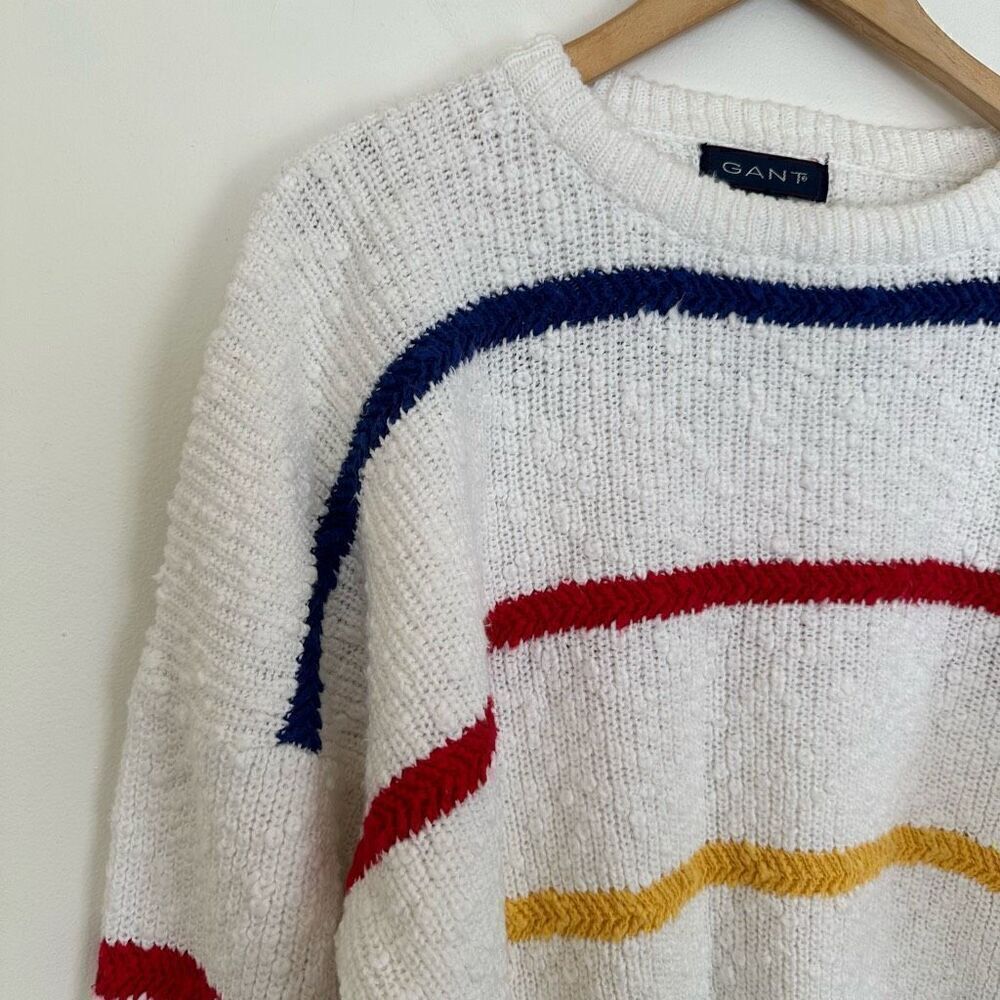 Gant Vintage Men’s Textured Oversized Cotton Primary Rainbow Stripe Grandpa Swea - Picture 7 of 11